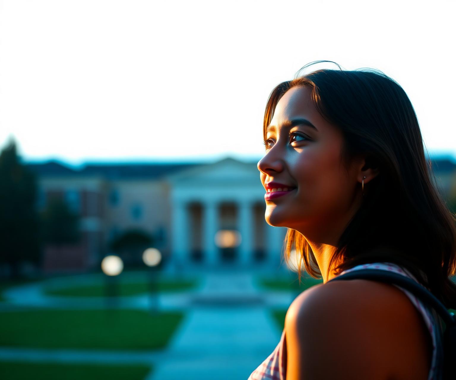 A Latin American student looking confidently toward a U.S. university campus